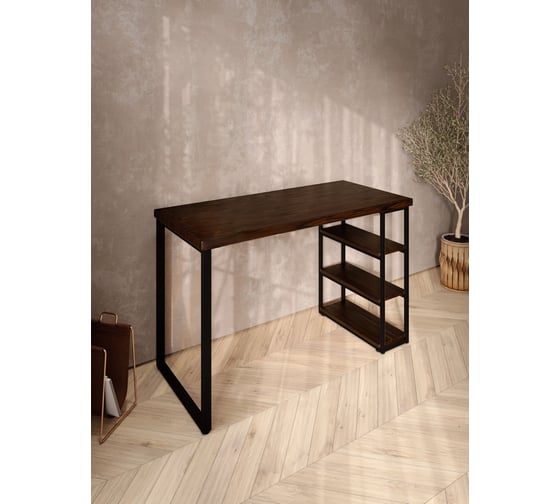 Стол письменный Solarius Loft, 90x60x76.5 см, открытая тумба с тремя полками, компьютерный стол цвета венге с черными металлическими Лофт ножками stol-tumba-3polki-ven-9060-black