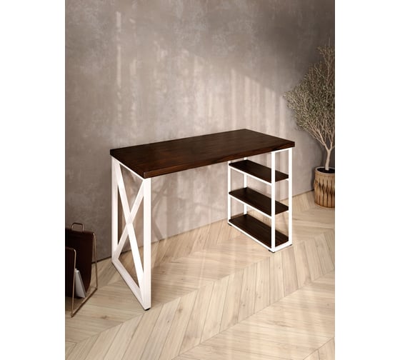 Стол письменный Solarius Loft, 90x60x76.5 см, открытая тумба с тремя полками, компьютерный стол цвета венге с белыми металлическими крестообразными ножками stol-tumba-3polki-ven-9060-krest-white