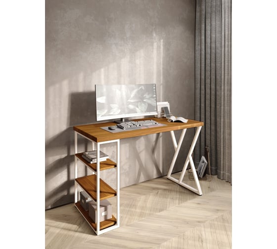 Стол письменный Solarius Loft, 90x60x76.5 см, открытая тумба с тремя полками, компьютерный стол цвета ольхи с белыми металлическими Z-образными ножками stol-tumba-3polki-olha-9060-Z-white