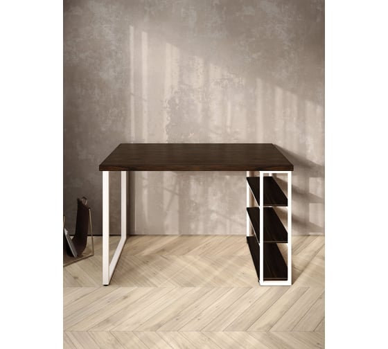 Стол письменный Solarius Loft, 90x60x76.5 см, открытая тумба с тремя полками, компьютерный стол цвета венге с белыми металлическими Лофт ножками stol-tumba-3polki-ven-9060-white