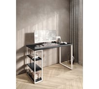 Стол письменный Solarius Loft, 90x60x76.5 см, открытая тумба с тремя полками, компьютерный стол цвета черного оникса с белыми металлическими Лофт ножками stol-tumba-3polki-onix-9060-white