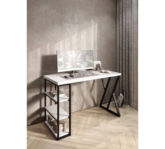Стол письменный Solarius Loft, 90x60x76.5 см, открытая тумба с тремя полками, компьютерный стол белого цвета с черными металлическими Z-образными ножками stol-tumba-3polki-bel-9060-Z-black