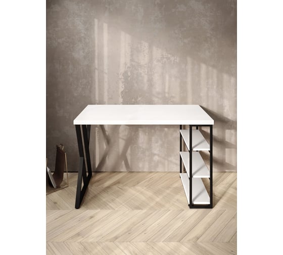 Стол письменный Solarius Loft, 90x60x76.5 см, открытая тумба с тремя полками, компьютерный стол белого цвета с черными металлическими Z-образными ножками stol-tumba-3polki-bel-9060-Z-black