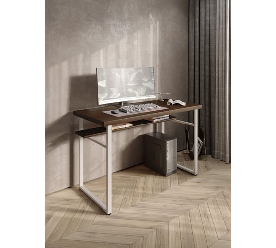 Стол компьютерный Solarius Loft, 130x60 см, с полкой под столешницей, цвета темного дуба с белым металлическим каркасом stol-polka-temd-13060-white