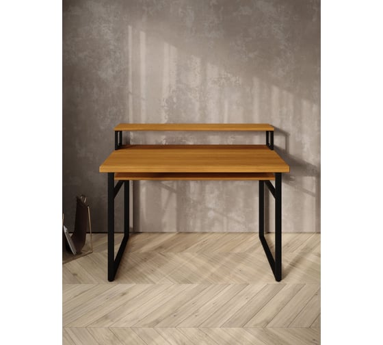 Стол компьютерный Solarius Loft, 140x60 см, с подставкой под монитор и полкой под столешницей, цвета ольхи с черным металлическим каркасом stol-podstavka-polka-olha-14060-black