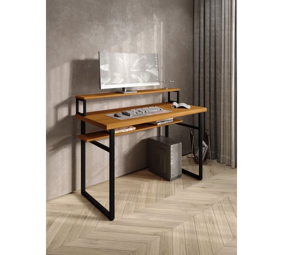 Стол компьютерный Solarius Loft, 140x60 см, с подставкой под монитор и полкой под столешницей, цвета ольхи с черным металлическим каркасом stol-podstavka-polka-olha-14060-black