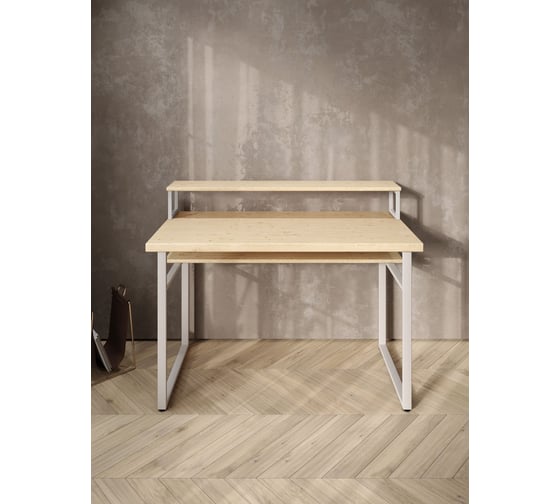 Стол компьютерный Solarius Loft, 90x60 см, с подставкой под монитор и полкой под столешницей, без шлифовки и покраски с белым металлическим каркасом stol-podstavka-polka-net-9060-white