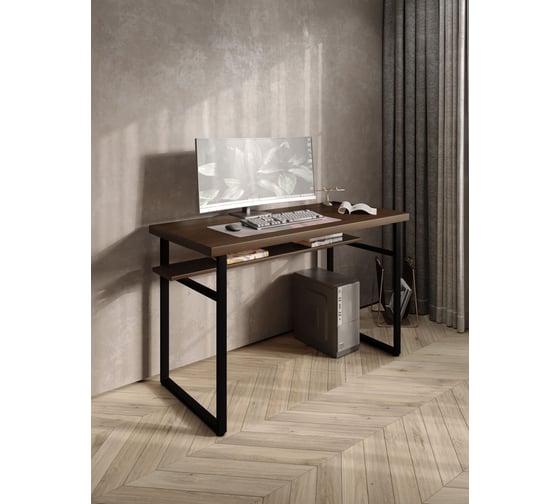 Стол компьютерный Solarius Loft, 130x60 см, с полкой под столешницей, цвета темного дуба с черным металлическим каркасом stol-polka-temd-13060-black
