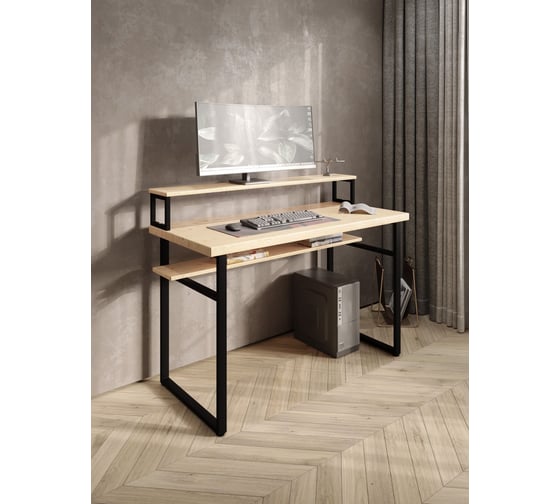 Стол компьютерный Solarius Loft, 90x60 см, с подставкой под монитор и полкой под столешницей, без шлифовки и покраски с черным металлическим каркасом stol-podstavka-polka-net-9060-black