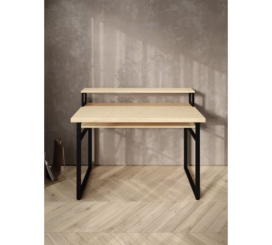 Стол компьютерный Solarius Loft, 90x60 см, с подставкой под монитор и полкой под столешницей, без шлифовки и покраски с черным металлическим каркасом stol-podstavka-polka-net-9060-black