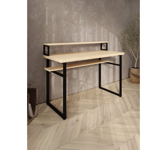Стол компьютерный Solarius Loft, 90x60 см, с подставкой под монитор и полкой под столешницей, без шлифовки и покраски с черным металлическим каркасом stol-podstavka-polka-net-9060-black