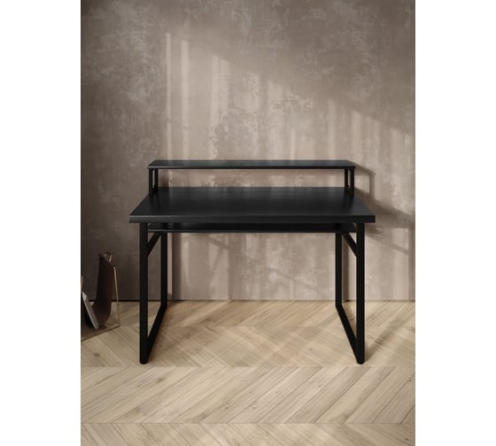 Стол компьютерный Solarius Loft, 140x60 см, с подставкой под монитор и полкой под столешницей, цвета черного оникса с черным металлическим каркасом stol-podstavka-polka-onix-14060-black