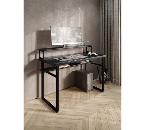 Стол компьютерный Solarius Loft, 140x60 см, с подставкой под монитор и полкой под столешницей, цвета черного оникса с черным металлическим каркасом stol-podstavka-polka-onix-14060-black