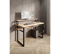 Стол компьютерный Solarius Loft, 130x60 см, с подставкой под монитор и полкой под столешницей, без шлифовки и покраски с черным металлическим каркасом stol-podstavka-polka-net-13060-black