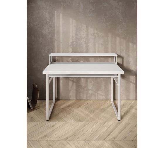 Стол компьютерный Solarius Loft, 140x60 см, с подставкой под монитор и полкой под столешницей, белого цвета с белым металлическим каркасом stol-podstavka-polka-bel-14060-white