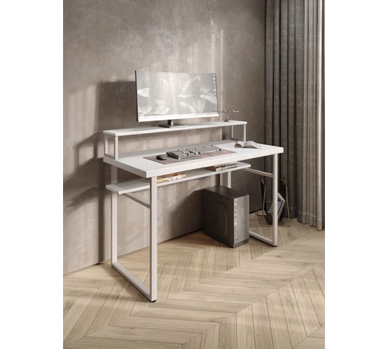 Стол компьютерный Solarius Loft, 140x60 см, с подставкой под монитор и полкой под столешницей, белого цвета с белым металлическим каркасом stol-podstavka-polka-bel-14060-white