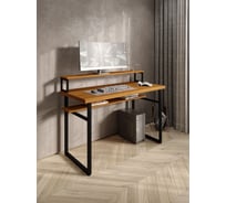 Стол компьютерный Solarius Loft, 130x60 см, с подставкой под монитор и полкой под столешницей, цвета ольхи с черным металлическим каркасом stol-podstavka-polka-olha-13060-black