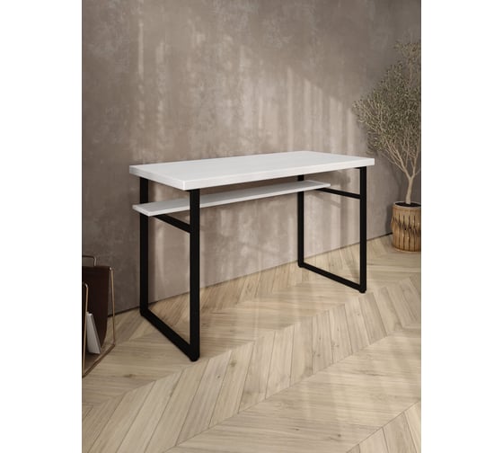Стол компьютерный Solarius Loft, 130x60 см, с полкой под столешницей, белого цвета с черным металлическим каркасом stol-polka-bel-13060-black
