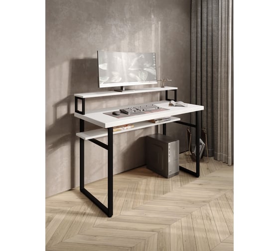 Стол компьютерный Solarius Loft, 140x60 см, с подставкой под монитор и полкой под столешницей, белого цвета с черным металлическим каркасом stol-podstavka-polka-bel-14060-black 1