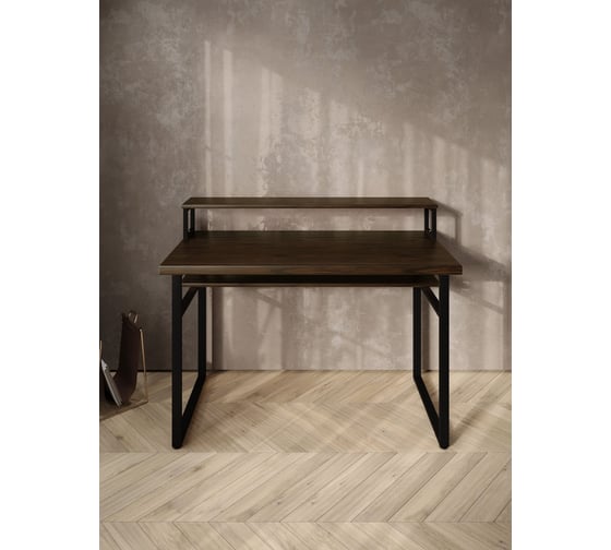 Стол компьютерный Solarius Loft, 140x60 см, с подставкой под монитор и полкой под столешницей, цвета венге с черным металлическим каркасом stol-podstavka-polka-ven-14060-black