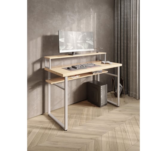 Стол компьютерный Solarius Loft, 140x60 см, с подставкой под монитор и полкой под столешницей, без шлифовки и покраски с белым металлическим каркасом stol-podstavka-polka-net-14060-white