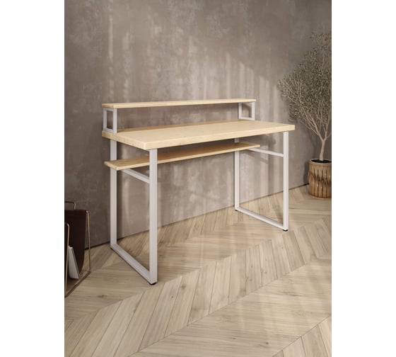 Стол компьютерный Solarius Loft, 140x60 см, с подставкой под монитор и полкой под столешницей, без шлифовки и покраски с белым металлическим каркасом stol-podstavka-polka-net-14060-white