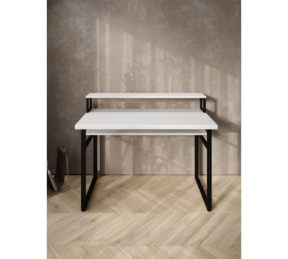 Стол компьютерный Solarius Loft, 90x60 см, с подставкой под монитор и полкой под столешницей, белого цвета с черным металлическим каркасом stol-podstavka-polka-bel-9060-black