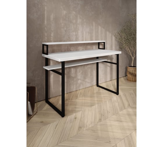 Стол компьютерный Solarius Loft, 90x60 см, с подставкой под монитор и полкой под столешницей, белого цвета с черным металлическим каркасом stol-podstavka-polka-bel-9060-black