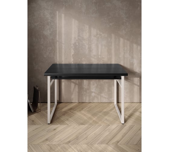 Стол компьютерный Solarius Loft, 140x60 см, с полкой под столешницей, цвета черного оникса с белым металлическим каркасом stol-polka-onix-14060-white