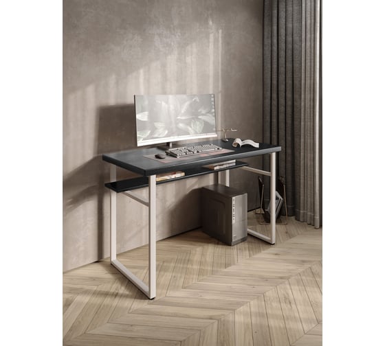 Стол компьютерный Solarius Loft, 140x60 см, с полкой под столешницей, цвета черного оникса с белым металлическим каркасом stol-polka-onix-14060-white