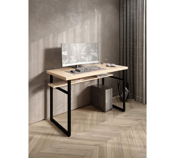 Стол компьютерный Solarius Loft, 130x60 см, с полкой под столешницей, без шлифовки и покраски с черным металлическим каркасом stol-polka-net-13060-black