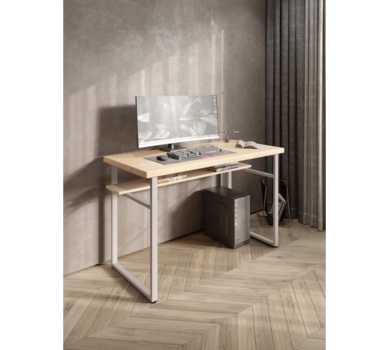 Стол компьютерный Solarius Loft, 140x60 см, с полкой под столешницей, без шлифовки и покраски с белым металлическим каркасом stol-polka-net-14060-white