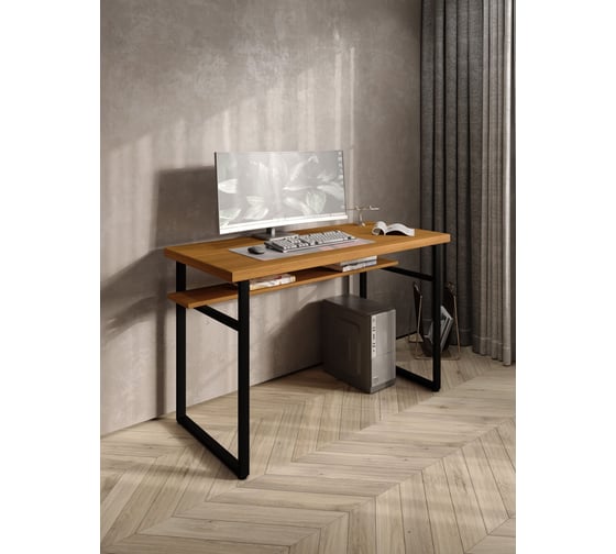 Стол компьютерный Solarius Loft, 140x60 см, с полкой под столешницей, цвета ольхи с черным металлическим каркасом stol-polka-olha-14060-black
