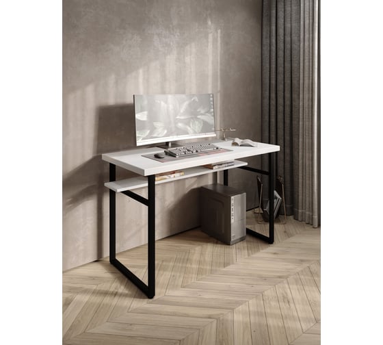 Стол компьютерный Solarius Loft, 140x60 см, с полкой под столешницей, белого цвета с черным металлическим каркасом stol-polka-bel-14060-black