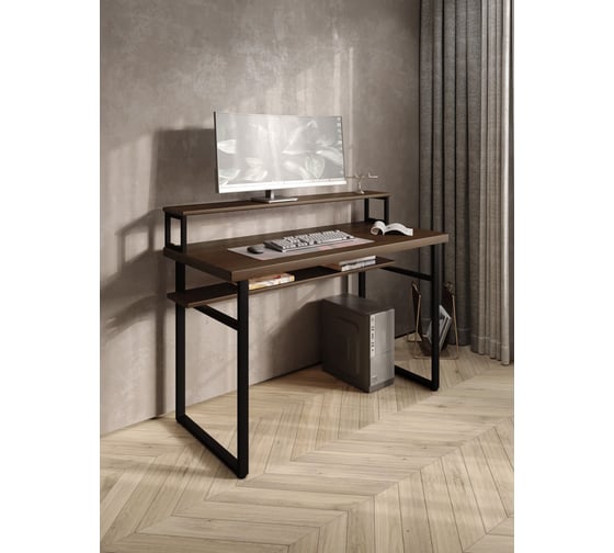 Стол компьютерный Solarius Loft, 130x60 см, с подставкой под монитор и полкой под столешницей, цвета темного дуба с черным металлическим каркасом stol-podstavka-polka-temd-13060-black