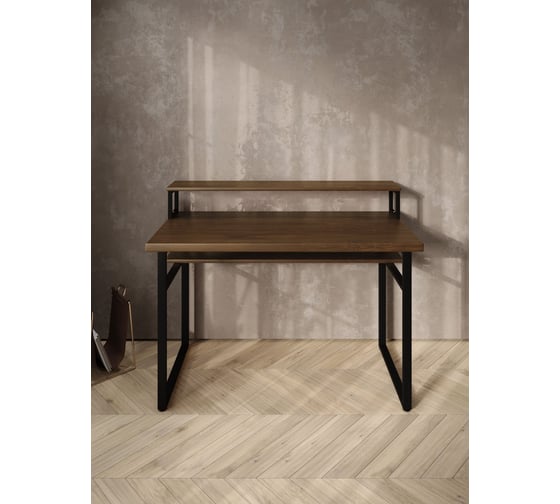 Стол компьютерный Solarius Loft, 130x60 см, с подставкой под монитор и полкой под столешницей, цвета темного дуба с черным металлическим каркасом stol-podstavka-polka-temd-13060-black