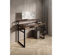 Стол компьютерный Solarius Loft, 90x60 см, с подставкой под монитор и полкой под столешницей, цвета темного дуба с черным металлическим каркасом stol-podstavka-polka-temd-9060-black
