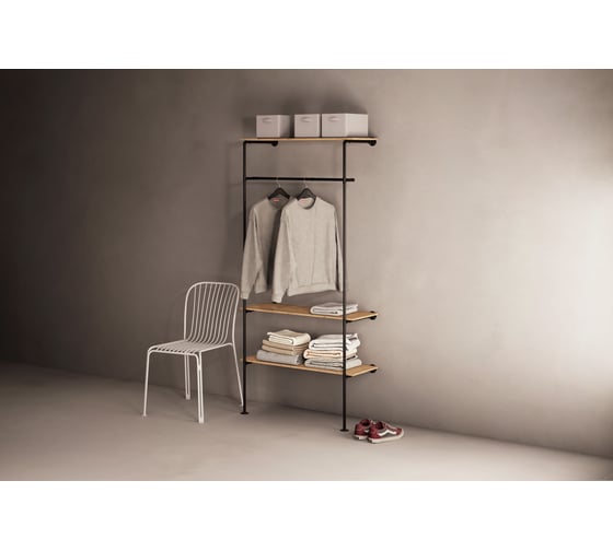 Гардероб с полками в стиле Larvij Лофт, 900x2080x400 мм, черный / дуб Бунратти, PIPE23BL_BO 1