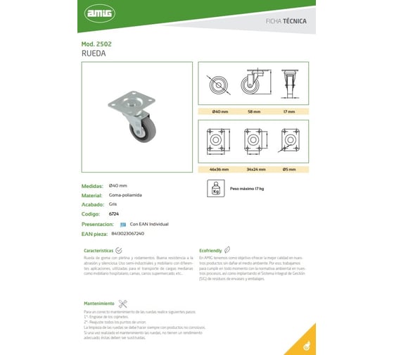 Мебельное колесо Amig серое диаметр 40 мм 2502-40 6724