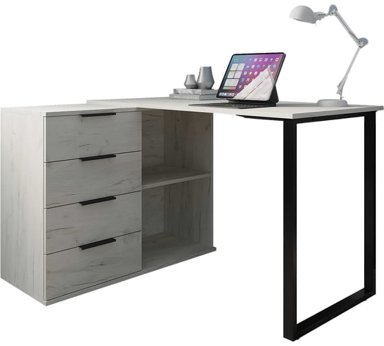 Стол на металлокаркасе и опорной тумбе с полками Альянс мебель 1200х900х750, Дуб крафт белый/Черный 853671