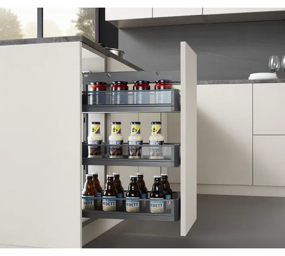 Бутылочница с боковым креплением Mebax Premium Line, выдвижной фасад, 200 мм, серый, левая 54022000 00-00003508