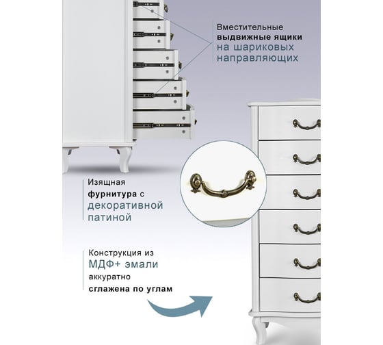 Узкий комод Мебелик Джульетта 6 ящиков, молочный дуб 5779