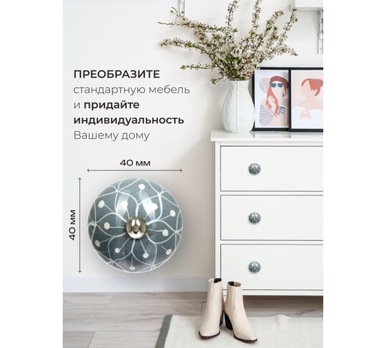 Керамическая ручка для мебели Blumen Haus Паутинка ручная роспись, цвет серый, рисунок белый 66149