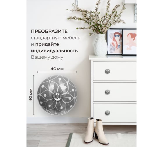 Керамическая ручка для мебели Blumen Haus Паутинка ручная роспись, цвет серый, рисунок белый 66149