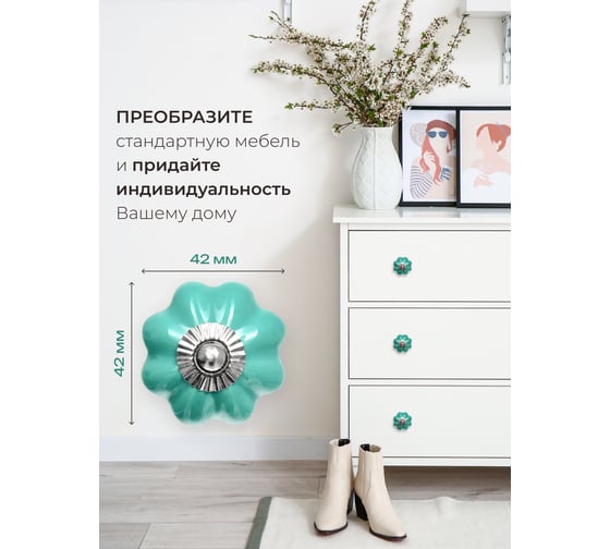 Керамическая ручка для мебели Blumen Haus Цветок цвет бирюзовый 66185