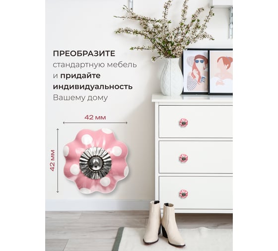 Керамическая ручка для мебели Blumen Haus В горох цвет розовый, рисунок белый 66259