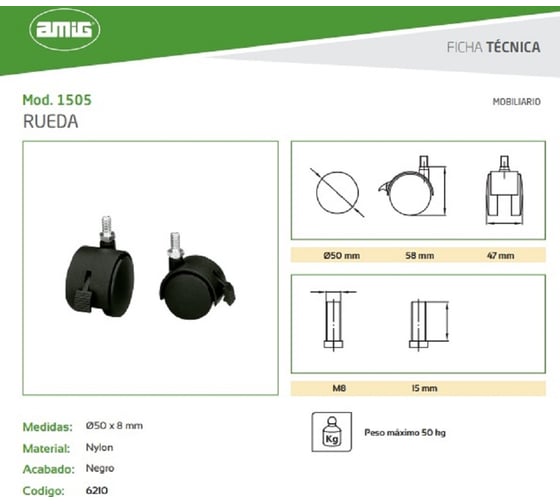 Мебельное колесо со стопором Amig черное 1505-50х8