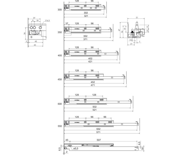 Направляющие Hafele Matrix runners UM A30 полного выдвижения, 16-19 мм, soft-close, 500 мм 433.10.550