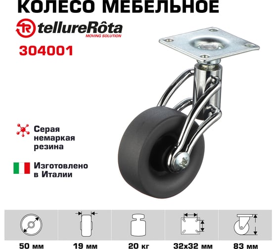 Колесо мебельное поворотное (50 мм; грузоподъемность 20 кг; серая резина; полипропилен) Tellure rota 304001