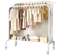 Напольная вешалка для одежды, вещей и обуви URM стальная, 1 полка, 2 перекладины, 4 крючка, на колесиках, 154x150x50 см, белая D00632